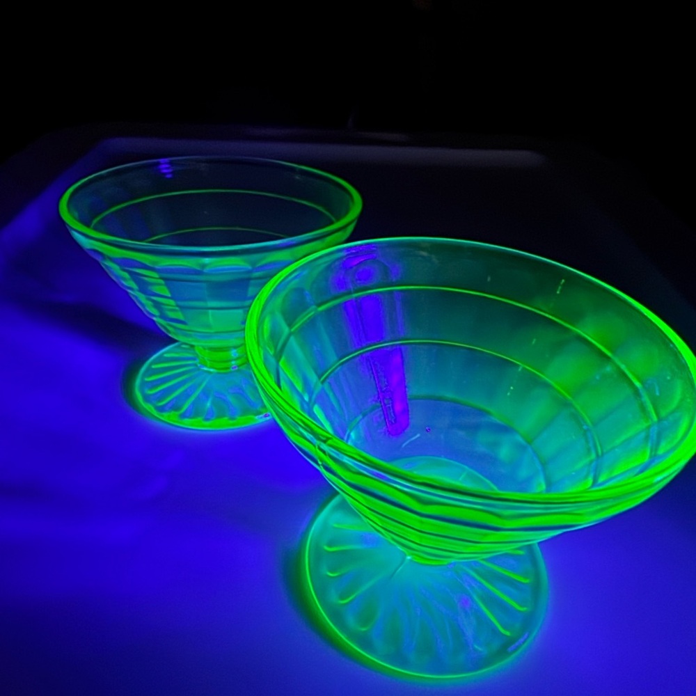 Set of 2- Anchor Hocking Green Depression Glass Block Optic Sherbets